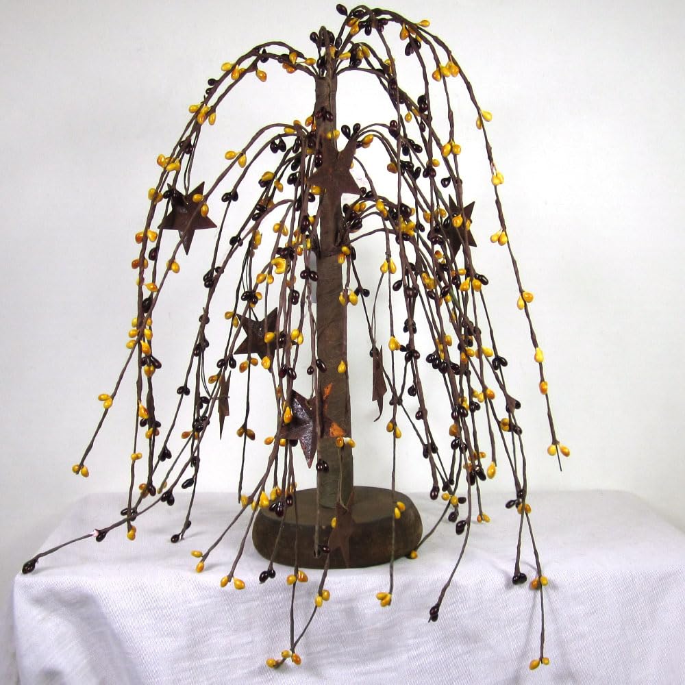 Primitive Willow Tree, Burgundy Mustard Pip Berries, 13 Inches, Rustic Country Style with Wood Base