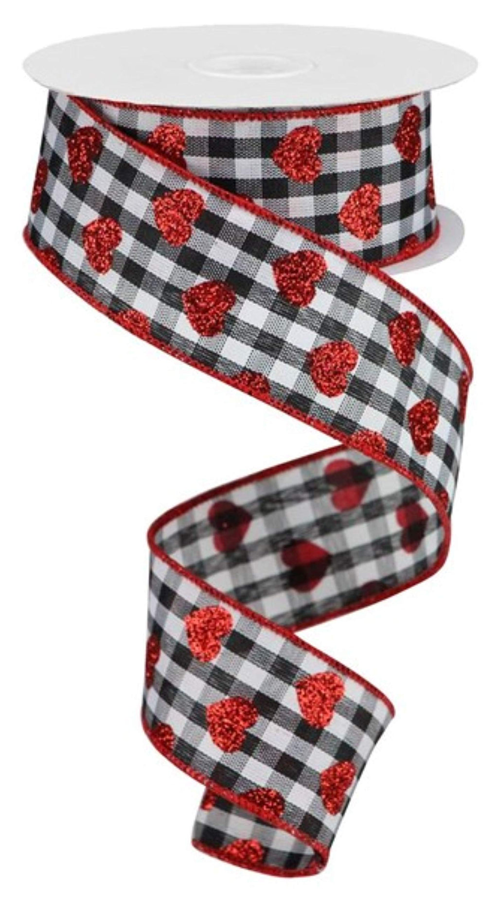 Craig Bachman 1.5 Small Glitter Heart Ribbon: Black (10 Yards) - Black White Check Heart Valentine Wired Edge Ribbon