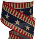 Americana Star Patriotic Ribbon | Red Beige Blue Wired Edge | 2.5 inch x 10 Yards | Stars Stripes on Royal