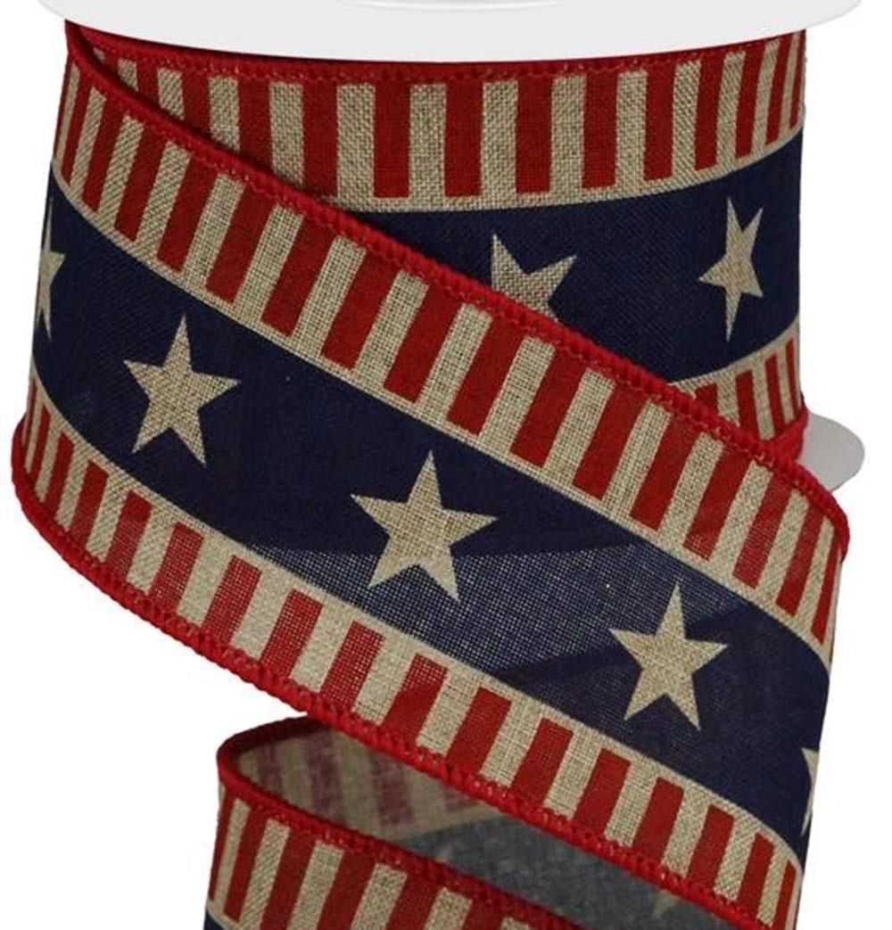 Americana Star Patriotic Ribbon | Red Beige Blue Wired Edge | 2.5 inch x 10 Yards | Stars Stripes on Royal
