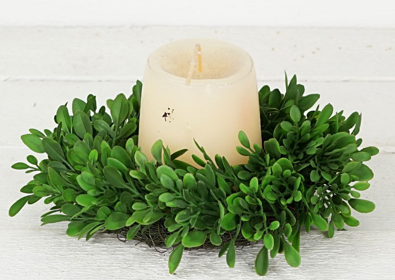 Boxwood Candle Ring Wreath, Green, 10 Inch Diameter with 3.5-4 Inch Center Opening, Artificial Greenery Centerpiece