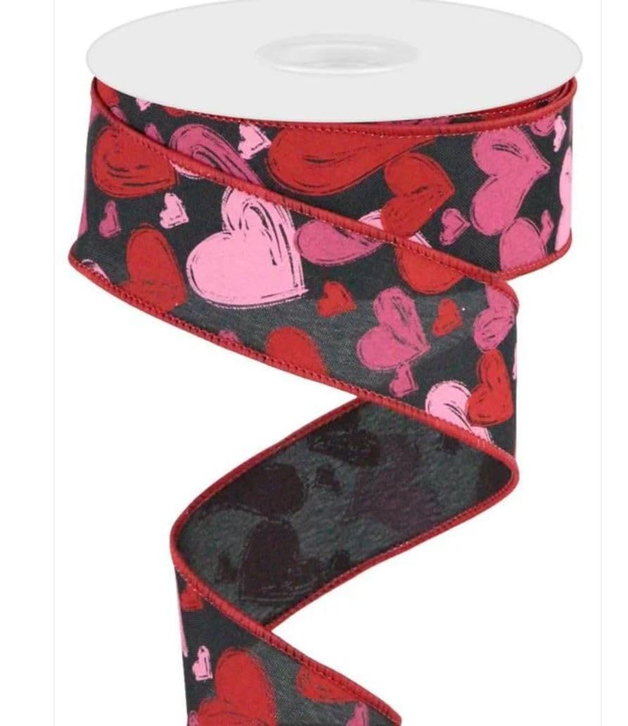 Valentine's Day Wired Ribbon, Hearts Pattern, Black with Red and Pink, 1.5 Inch Width, 10 Yard