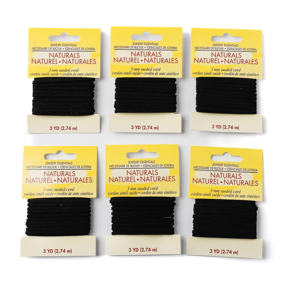 Black Suede Cord, 3mm Diameter Split Cowhide Leather, Soft Touch, 3 Yards per Package, 6 Packages per Order