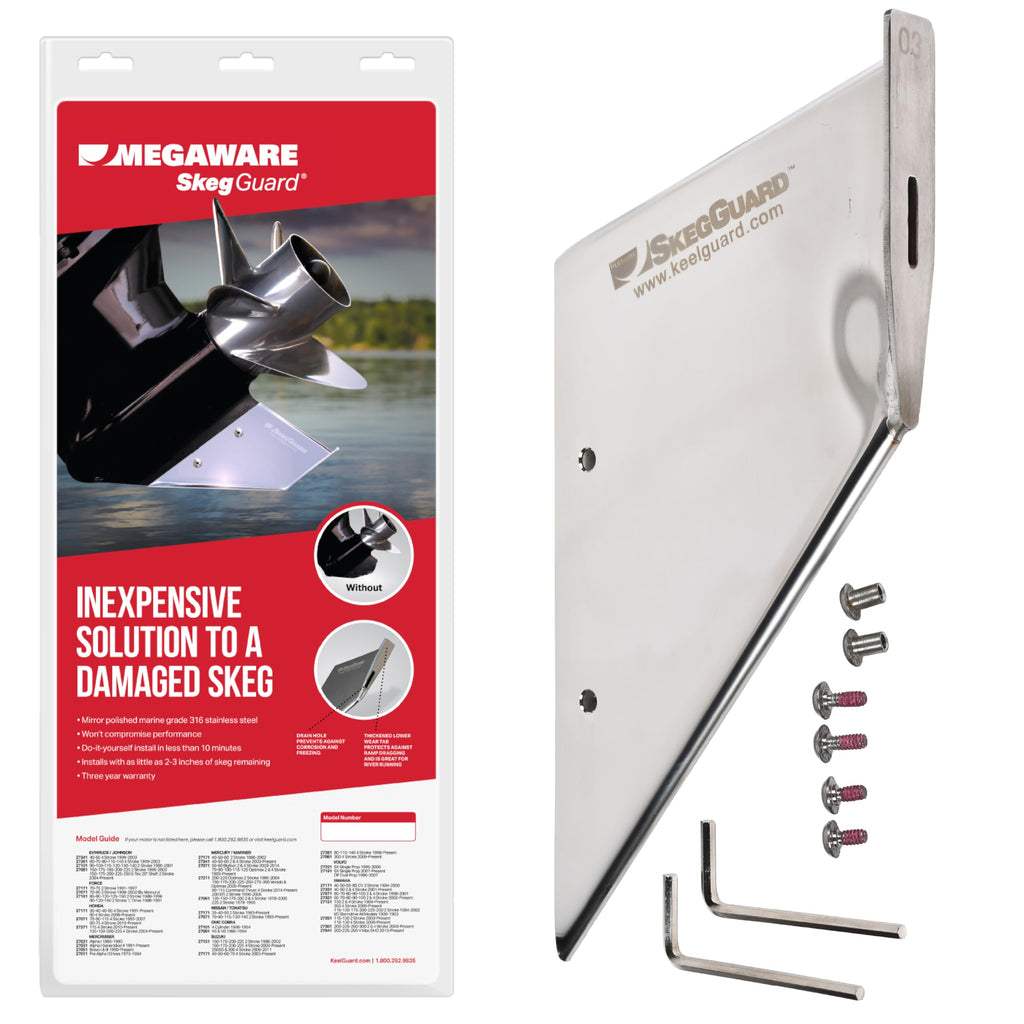 MEGAWARE KEELGUARD 27081 SKEGGUARD Fits OMC Suzuki Evinrude Outboard Motors (See Listing for Fitment Details) 316 Marine-Grade Stainless Steel Guard Protector with Drain, Prevents Skeg Damage, DIY