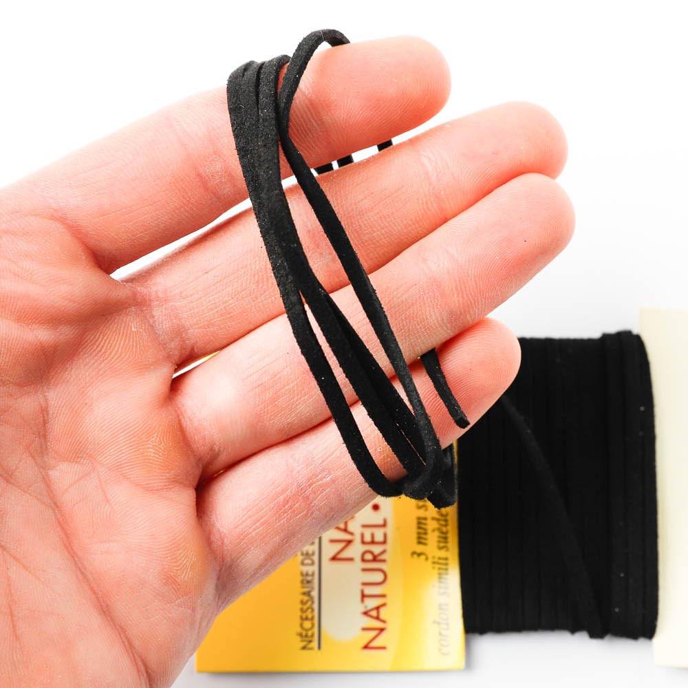 Black Suede Cord, 3mm Diameter Split Cowhide Leather, Soft Touch, 3 Yards per Package, 6 Packages per Order