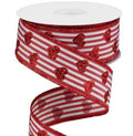 Glitter Hearts Stripes Wired Ribbon, Red and White, 1.5 x 10 Yards, Canvas
