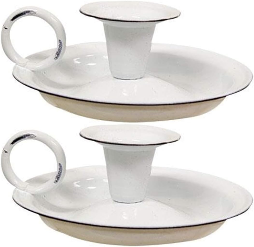 White Enamel Taper Candle Holders