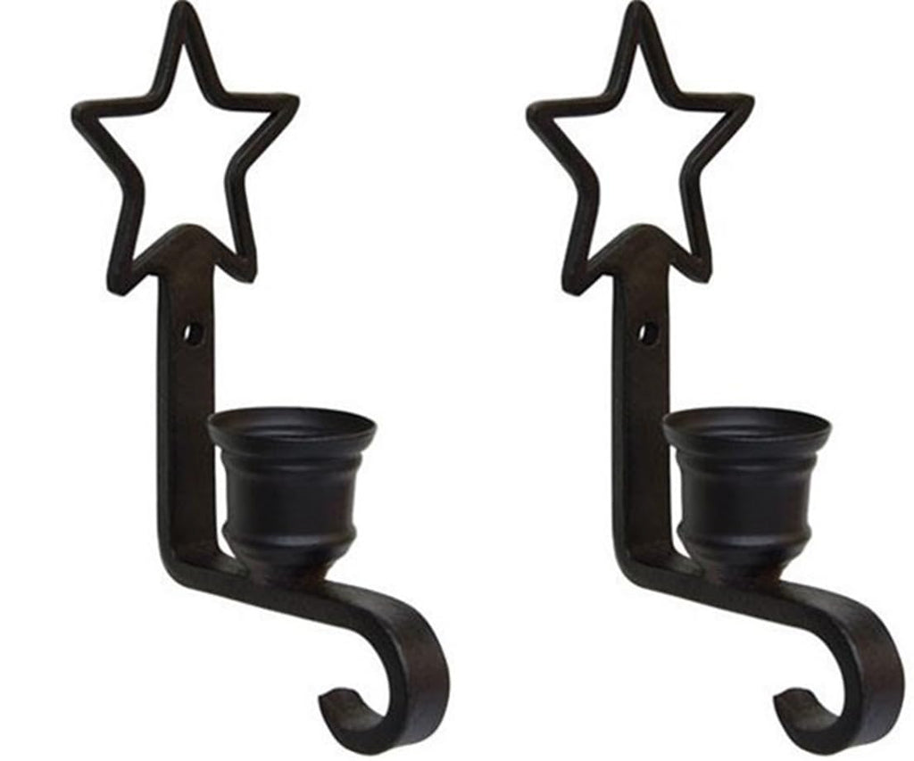 Star Wall Mounted Taper Candle Holder, 2 PC Set, Black Iron, 5.25 x 2.25 inches