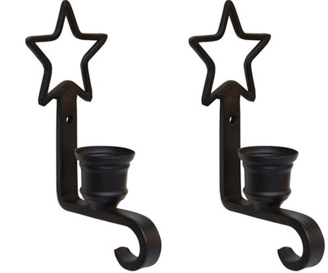 Star Wall Mounted Taper Candle Holder, 2 PC Set, Black Iron, 5.25 x 2.25 inches